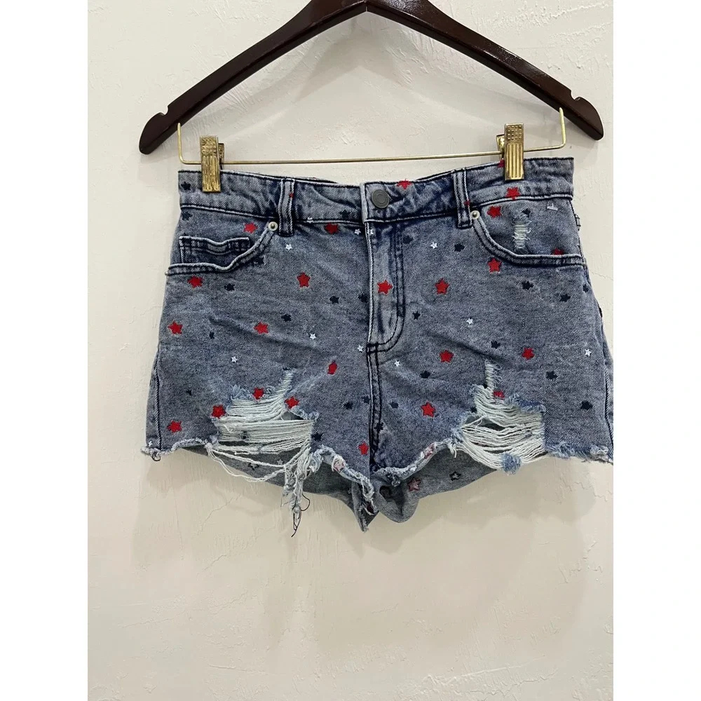 eXcuse Star Embroidered Distressed Denim Shorts Women 7/28W Blue Patriotic‎ Good